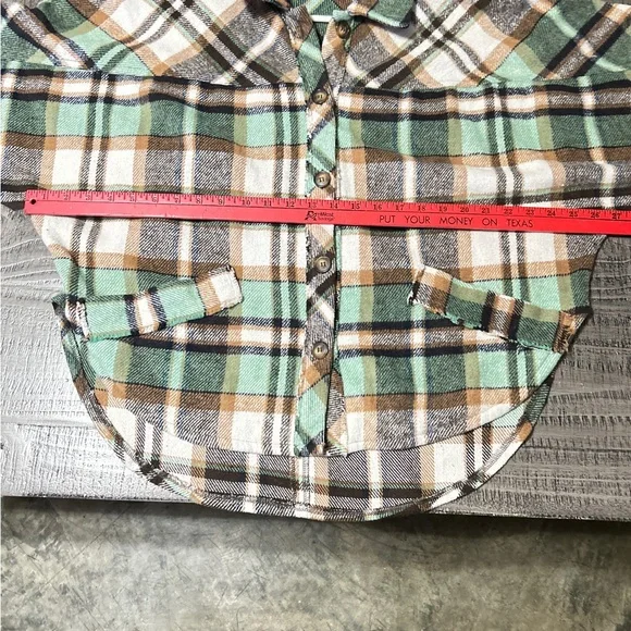 Women's Plaid Button-Down Shirt - Green, Brown, White - Picture 8 of 12